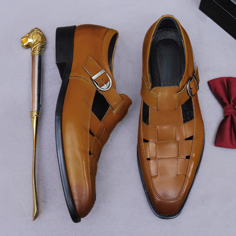 Chinese Retro Cool Leather Shoes for Men Genuine Leather Cowhide Buckle Hollow Business Work Casual Shoes 65129