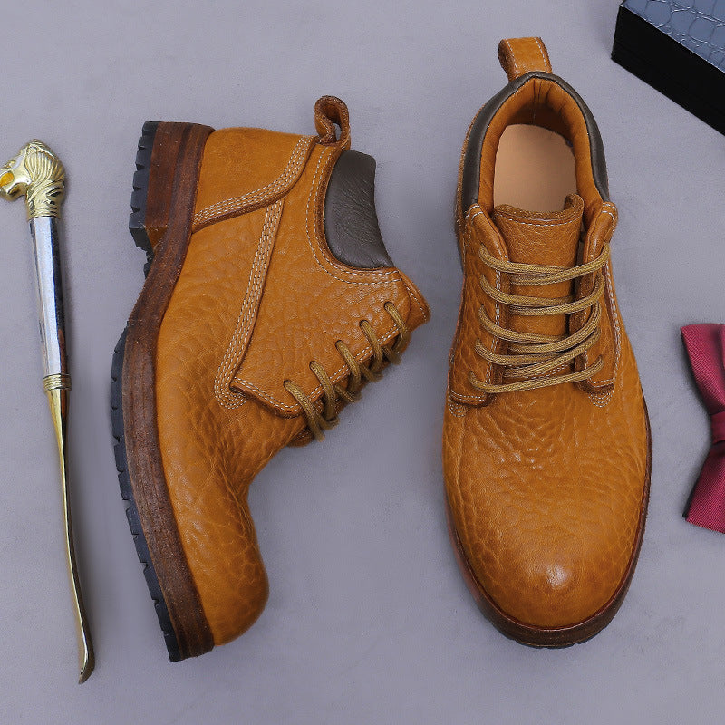 Cowhide Yellow Boots Martin Boots Men's Lychee Pattern Genuine Leather High-top British Handmade Inner Seam Leather Sole Work Short Boots 1570A-11B