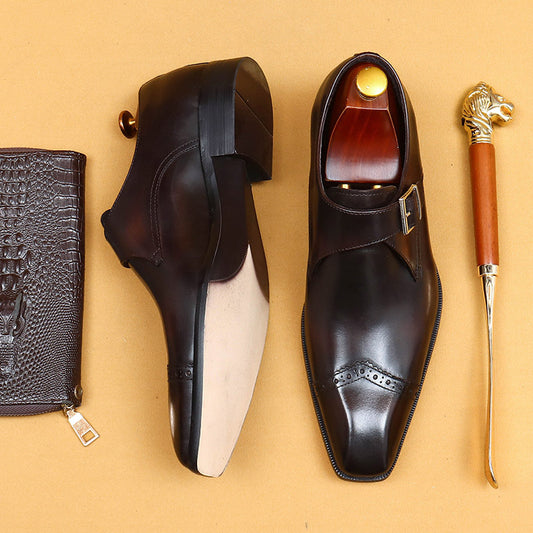 Chaussures en cuir de vachette de première couche pour hommes Chaussures de moine personnalisées faites à la main Chaussures de soirée pour hommes à boucle vintage britannique Chaussures en cuir à bout carré en cuir authentique 65122