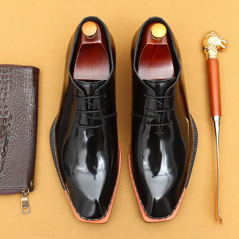 Top Layer Cowhide Men's Leather Shoes Xiaohongshu Same Style Square Toe British Glossy Leather Shoes High-Grade Patent Leather Polished Oxford Men's Shoes23687