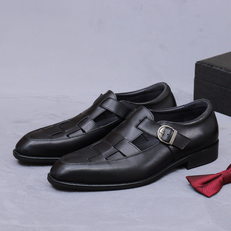Chinese Retro Cool Leather Shoes for Men Genuine Leather Cowhide Buckle Hollow Business Work Casual Shoes 65129
