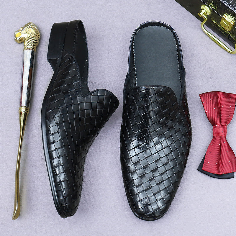 Genuine Leather Closed-Toe Half-Slip Shoes for Men, Summer Woven Leather Slip-On Shoes, Breathable Backless Shoes for Men 65162