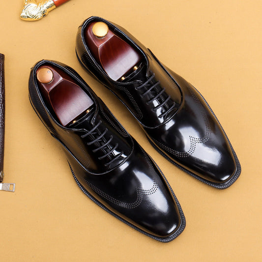 Chaussures en cuir brillant pour hommes en cuir verni de style britannique sculpté pour affaires, chaussures Oxford à lacets pour hommes, chaussures faites à la main pour hommes Work68155