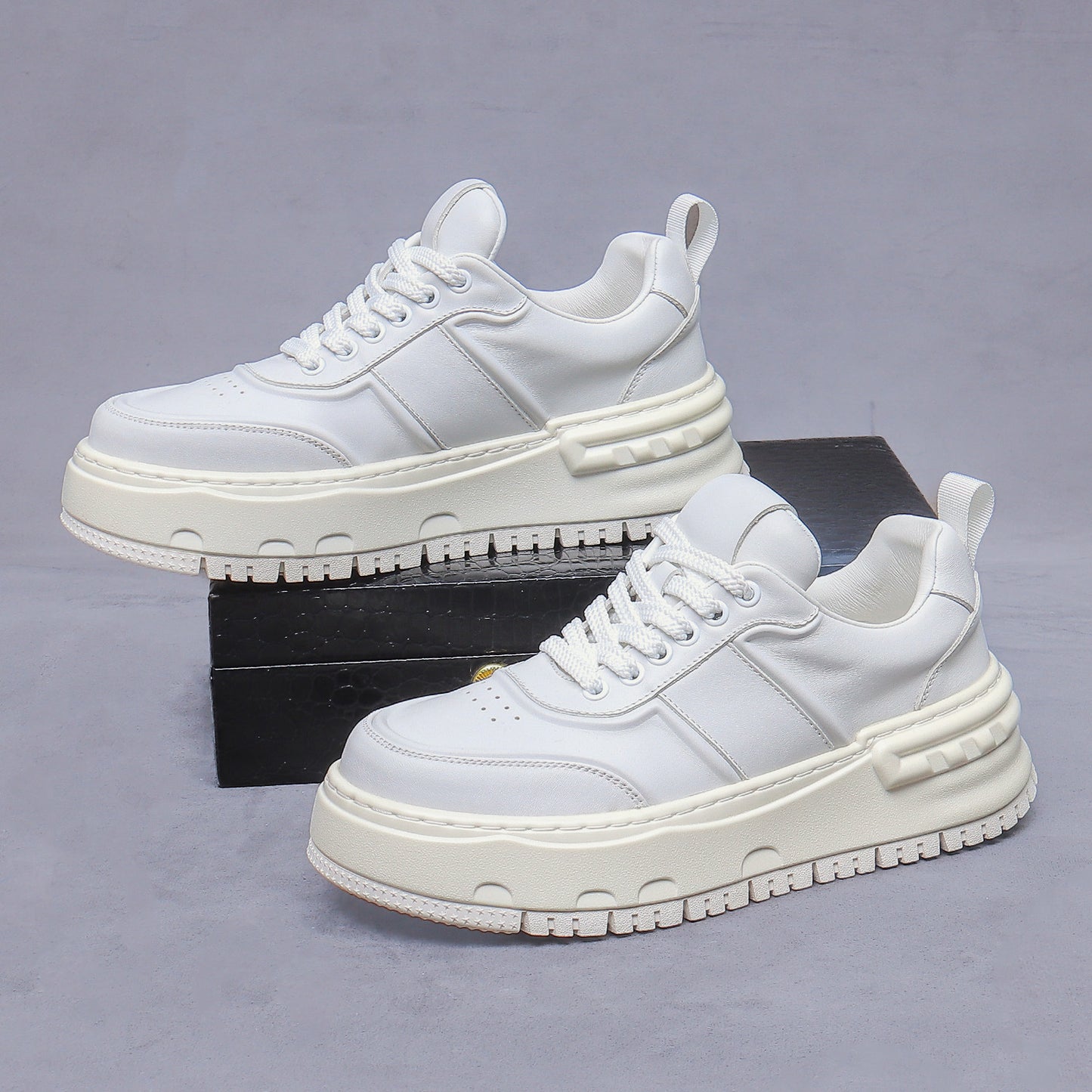 Sneakers Men's Lace-Up New Genuine Leather Casual Shoes Versatile Height-Increasing Comfortable Sports Shoes Thick-Soled Running Shoes Men 88001