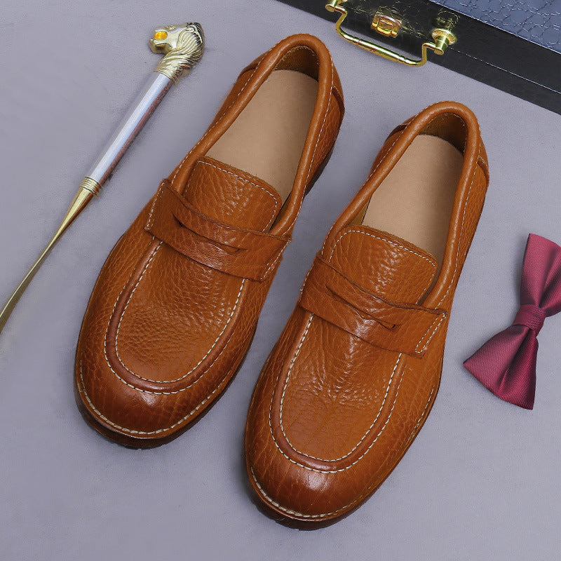 Men's Cowhide Leather Shoes with Lychee Pattern Embossing, Slip-On Leather Sole Loafers, Business Style Men's Shoes 1570-53