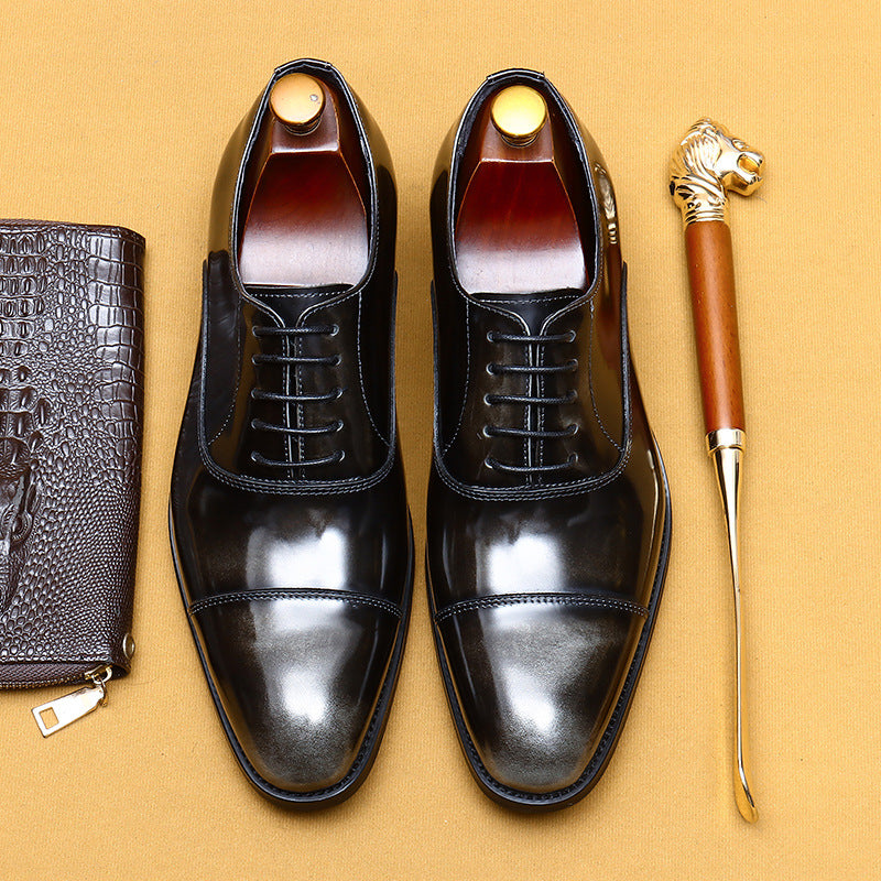 Chaussures en cuir de vachette de première couche pour hommes, vêtements de cérémonie pour hommes, chaussures Oxford pointues en cuir véritable, chaussures pour hommes en cuir verni brillant