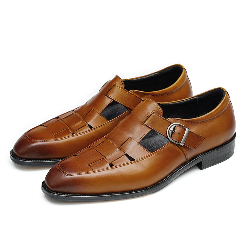Chinese Retro Cool Leather Shoes for Men Genuine Leather Cowhide Buckle Hollow Business Work Casual Shoes 65129
