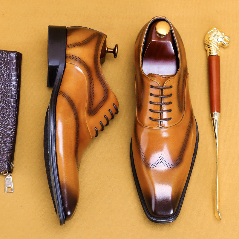 Top Layer Cowhide Men's Leather Shoes Square Toe British Oxford Shoes Men's Hand-Rub Color Brogue Leather Shoes89255
