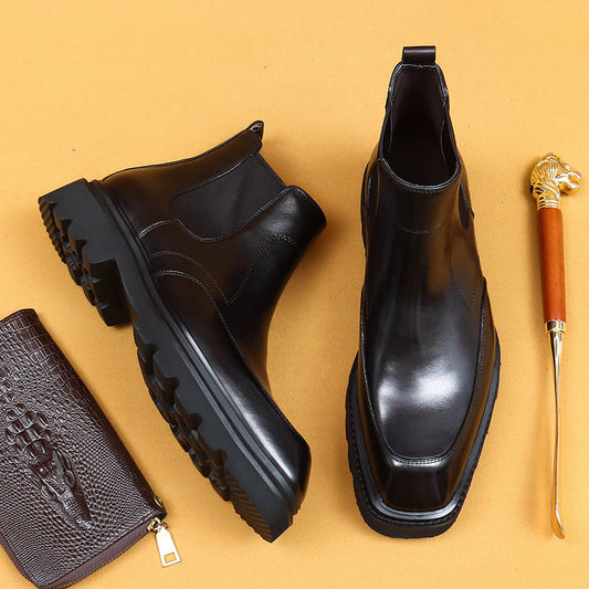 Chaussures en cuir de vachette pour hommes de première couche Bottes d'hiver pour hommes Bout carré Doublure en cuir de vachette Plateforme Business Casual Chelsea Boots86212