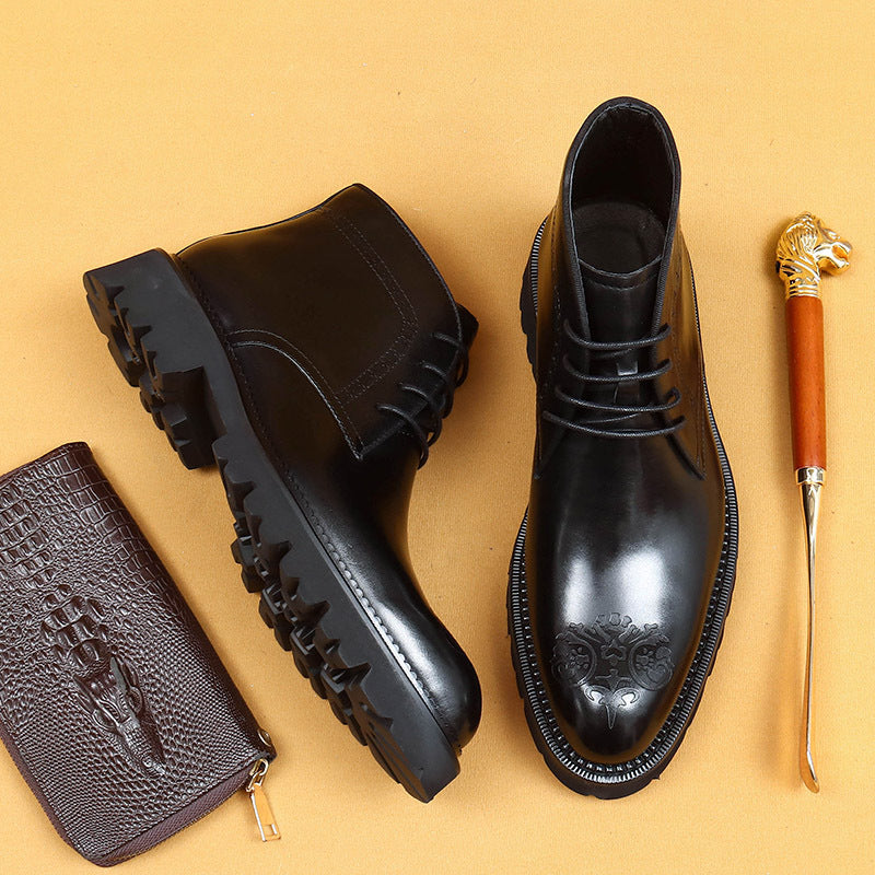 Top Layer Cowhide Men's Leather Shoes Leather Martin Boots Men's High-Top British Style Thick Bottom Business Casual Pointed Carved Leather Boots96155