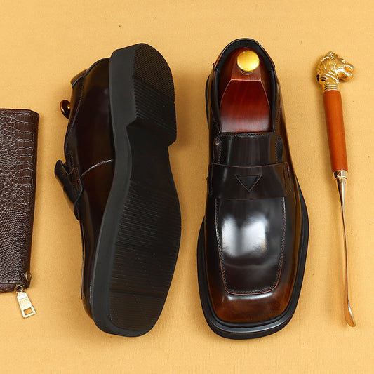 Chaussures en cuir de vachette de première couche pour hommes, semelle épaisse, chaussures en cuir brillant à grosse tête, mocassins à pédale décontractés noirs à bout carré pour hommes23702