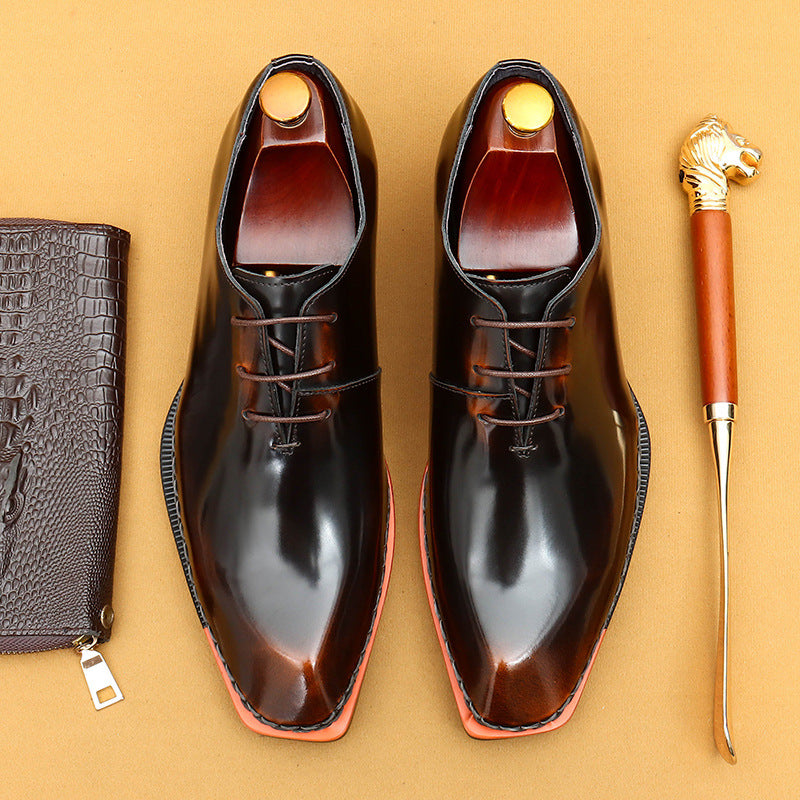 Top Layer Cowhide Men's Leather Shoes Xiaohongshu Same Style Square Toe British Glossy Leather Shoes High-Grade Patent Leather Polished Oxford Men's Shoes23687