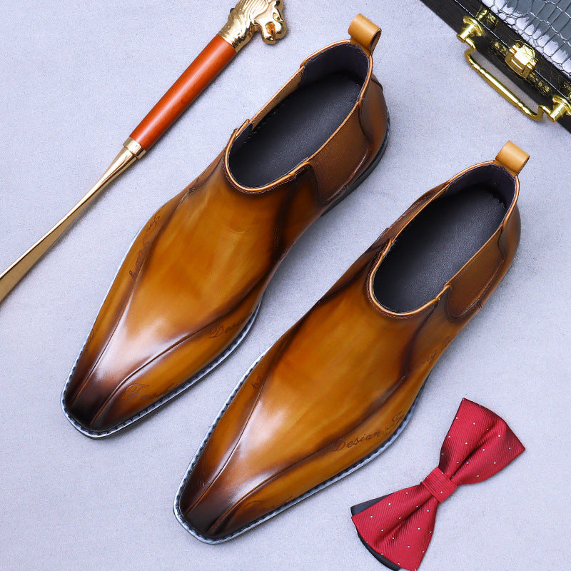 Top Layer Cowhide Men's Leather Shoes Pointed Ankle Boots Men's Genuine Leather Business Formal Wear Chelsea Boots Carved Martin Boots High-Top Leather Boots89611