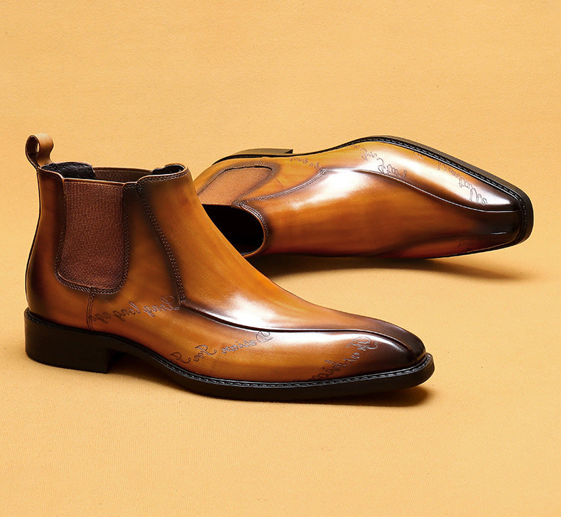 Top Layer Cowhide Men's Leather Shoes Pointed Ankle Boots Men's Genuine Leather Business Formal Wear Chelsea Boots Carved Martin Boots High-Top Leather Boots89611