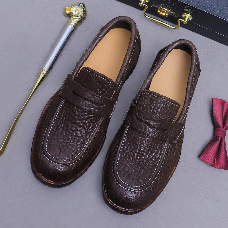 Men's Cowhide Leather Shoes with Lychee Pattern Embossing, Slip-On Leather Sole Loafers, Business Style Men's Shoes 1570-53