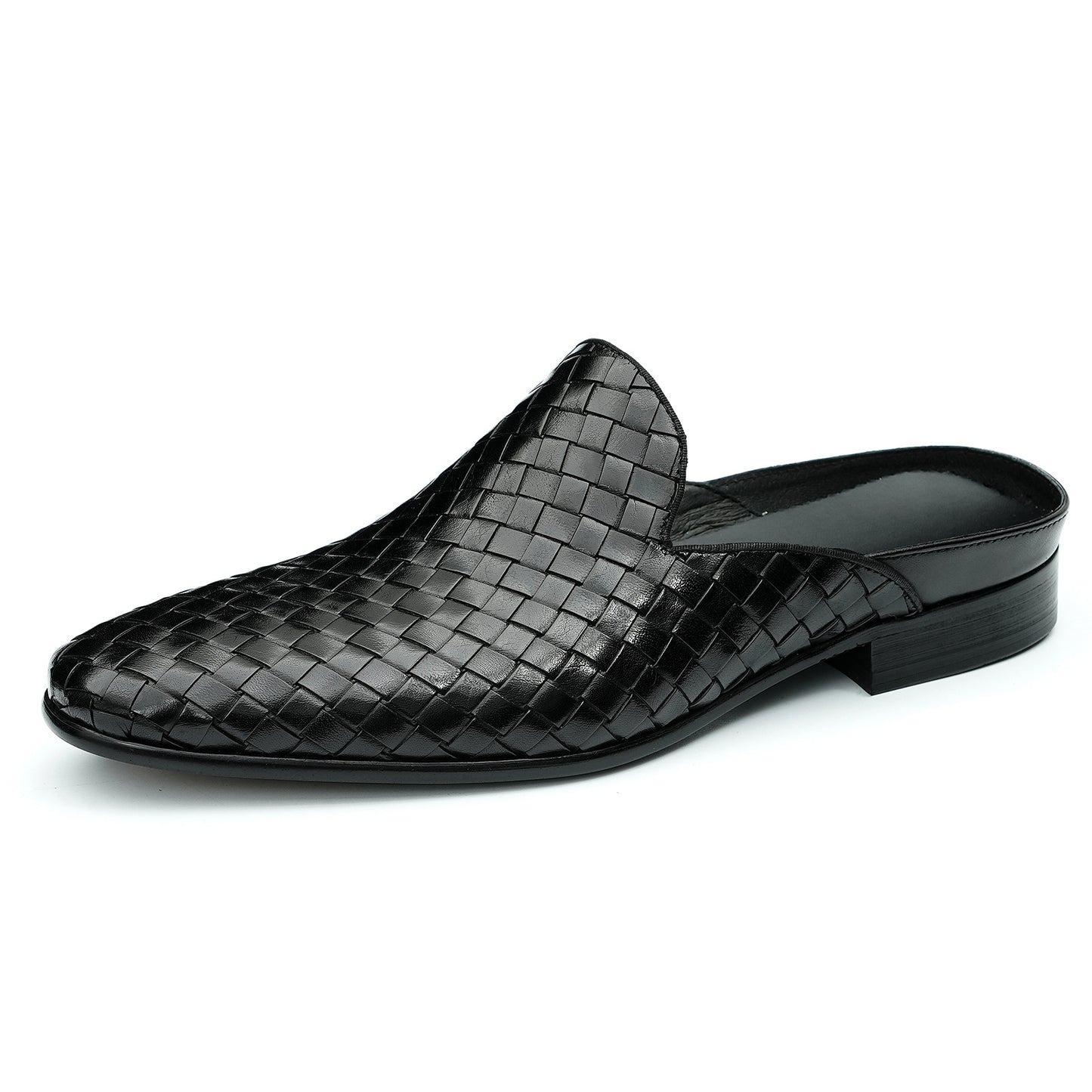 Genuine Leather Closed-Toe Half-Slip Shoes for Men, Summer Woven Leather Slip-On Shoes, Breathable Backless Shoes for Men 65162
