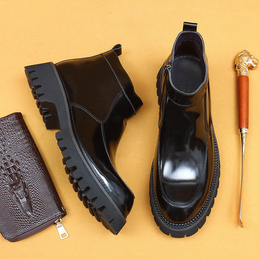Erste Schicht Rindsleder Herren Lederschuhe Dicke Sohle Herbst Echtes Leder Big Toe Stiefel Herren Glänzend Seitlichem Reißverschluss Business Chelsea High-Top Schuhe23700