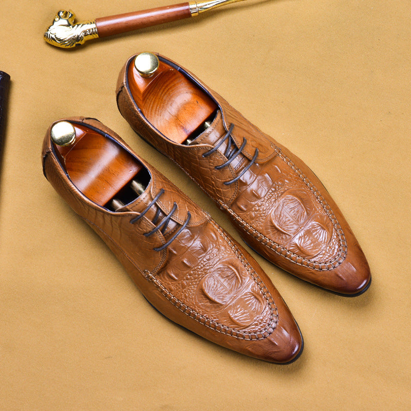Top Layer Cowhide Men's Leather Shoes Men's Leather Shoes Genuine Leather Business Casual Crocodile Pattern Trendy Pointed Toe Dress Shoes89131