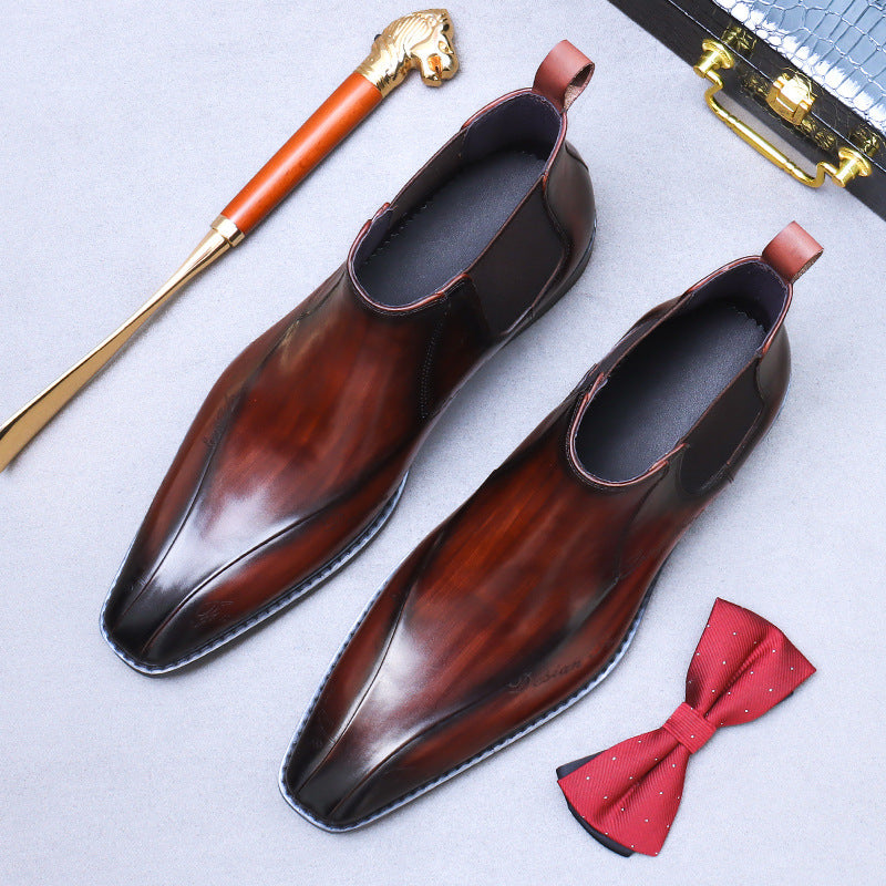 Top Layer Cowhide Men's Leather Shoes Pointed Ankle Boots Men's Genuine Leather Business Formal Wear Chelsea Boots Carved Martin Boots High-Top Leather Boots89611