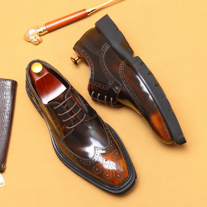 Top Layer Cowhide Business Casual Men's Shoes British Style Carving Brogue Square Toe Double Sole Formal Wear Shiny Leather Shoes96116