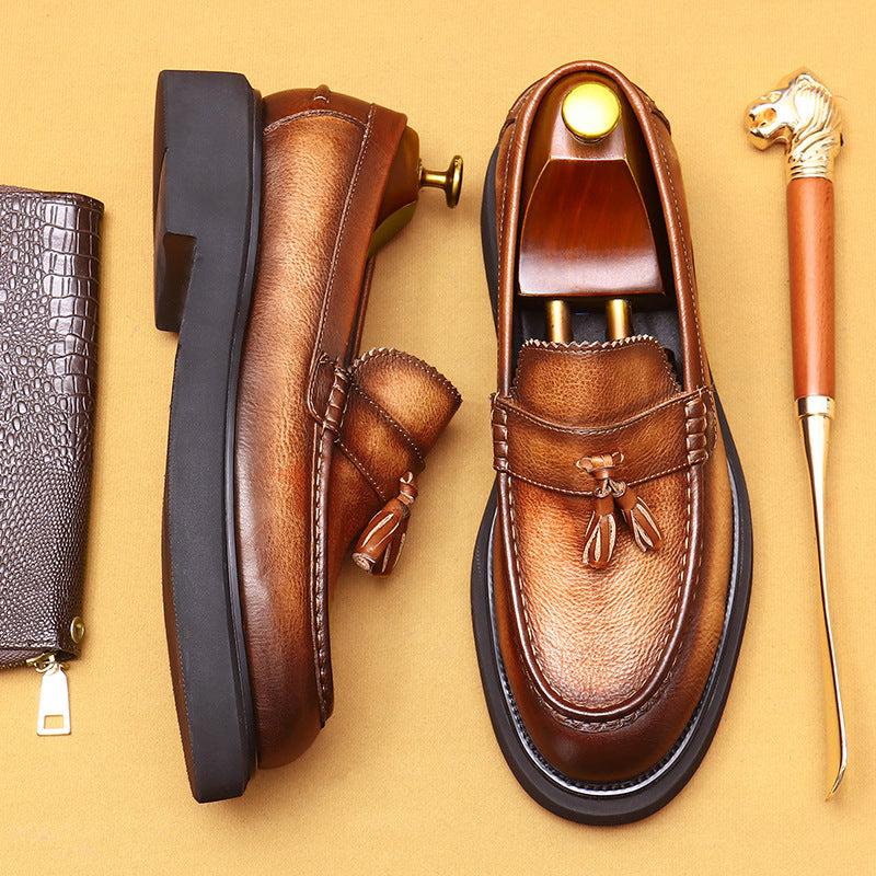 Authentic Leather Loafers Men's Slip-on Business Casual British Retro Tassel Platform Leather Shoes22370
