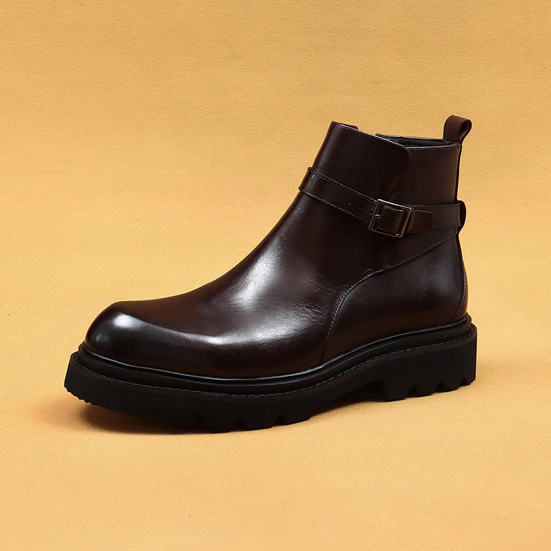 First Layer Rindsleder Herren Lederschuhe Schwarze Chelsea Stiefel mit runder Spitze First Layer Rindsleder Business Casual Plateau Winter Martin Boots86210