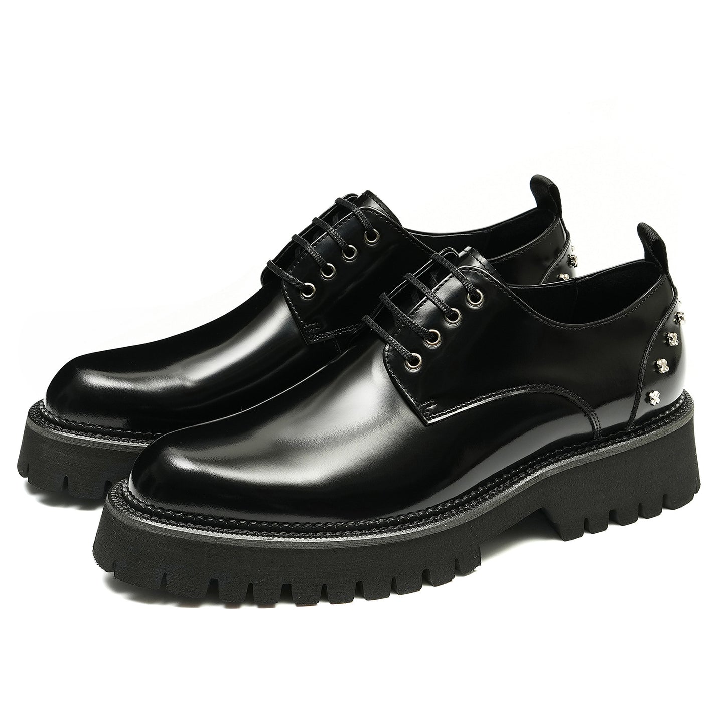 Layer Platform Height Increasing Shoes Genuine Leather England Style Rivet Business Casual Shoes Bright Leather Formal Shoes23671