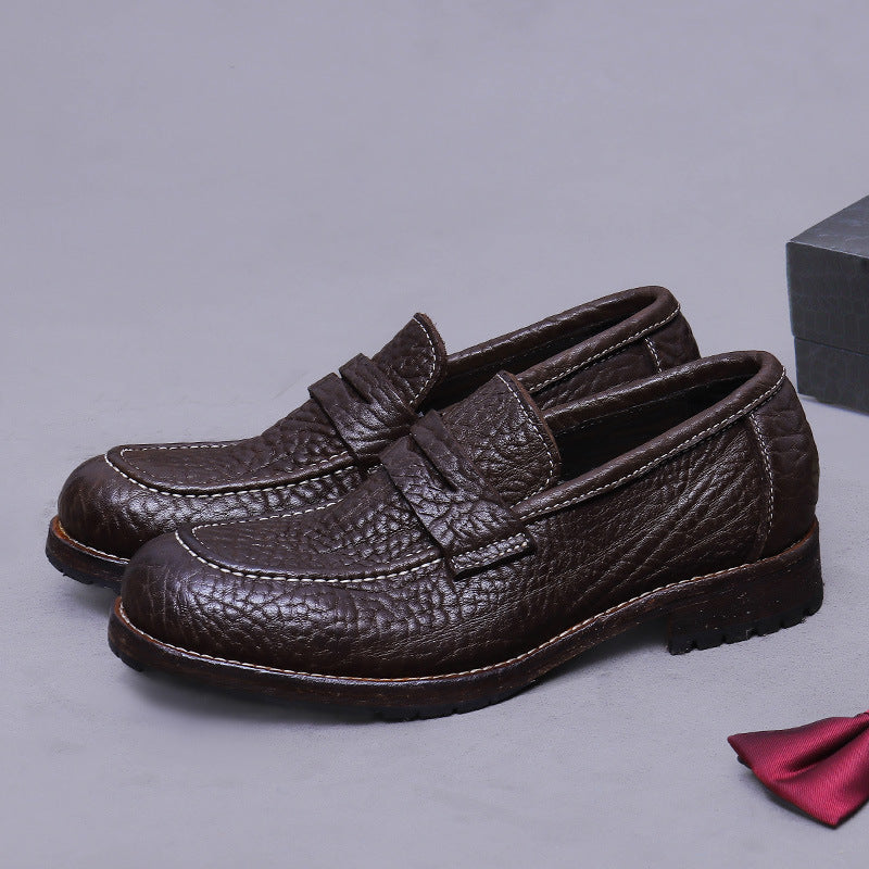 Men's Cowhide Leather Shoes with Lychee Pattern Embossing, Slip-On Leather Sole Loafers, Business Style Men's Shoes 1570-53