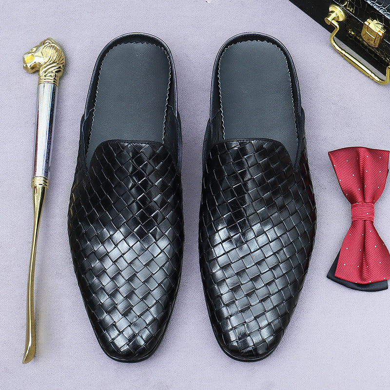 Genuine Leather Closed-Toe Half-Slip Shoes for Men, Summer Woven Leather Slip-On Shoes, Breathable Backless Shoes for Men 65162