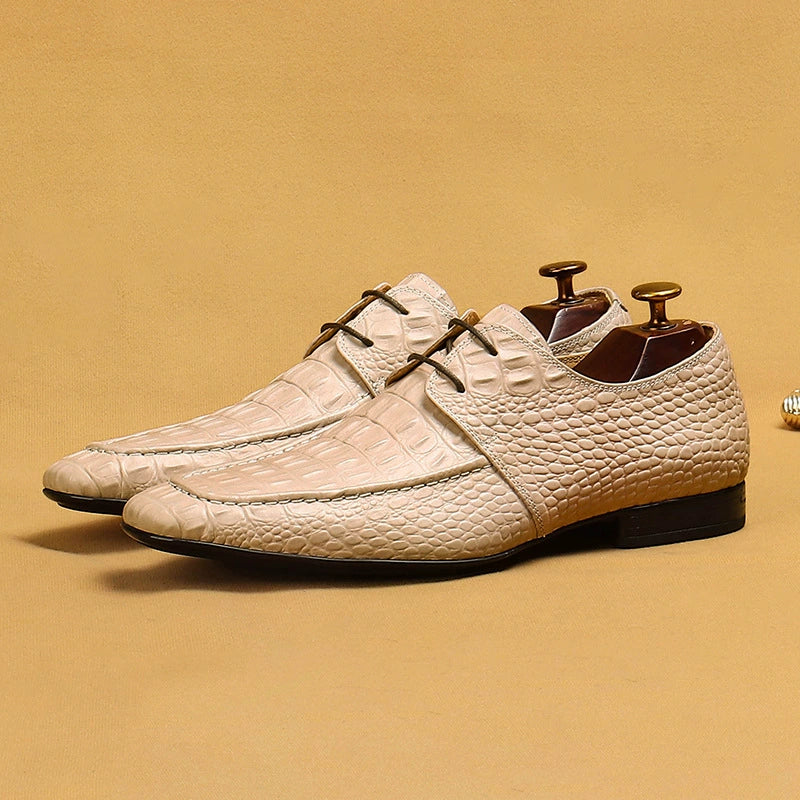 Men’s Beige Crocodile Embossed Leather Derbies 65119