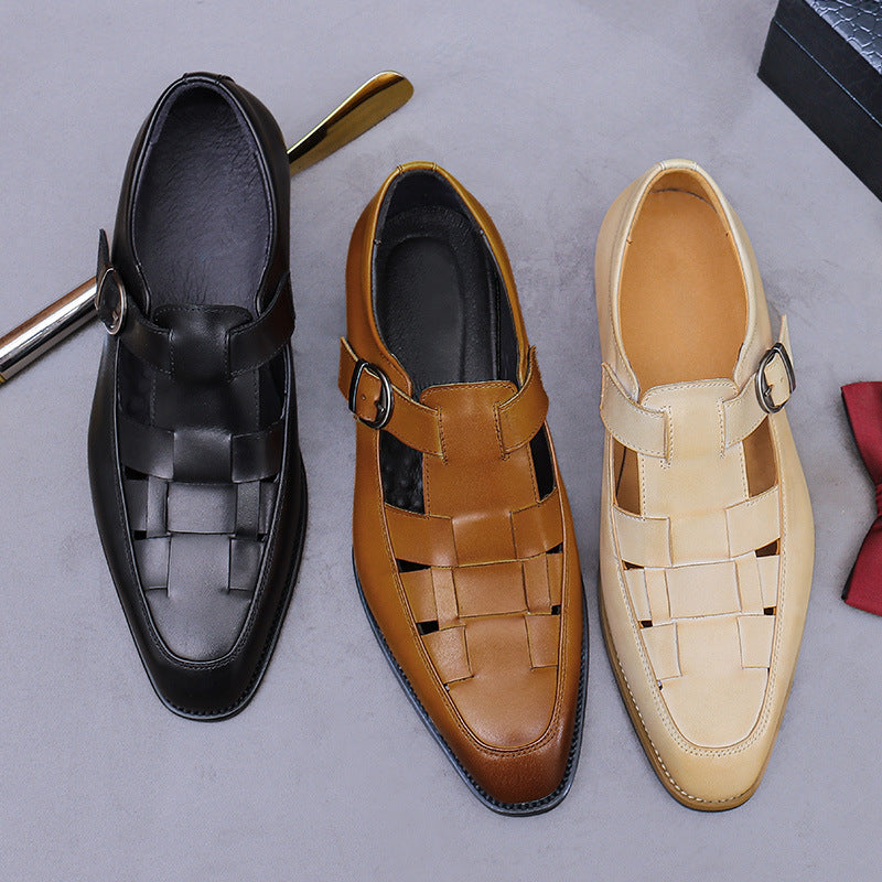 Chinese Retro Cool Leather Shoes for Men Genuine Leather Cowhide Buckle Hollow Business Work Casual Shoes 65129