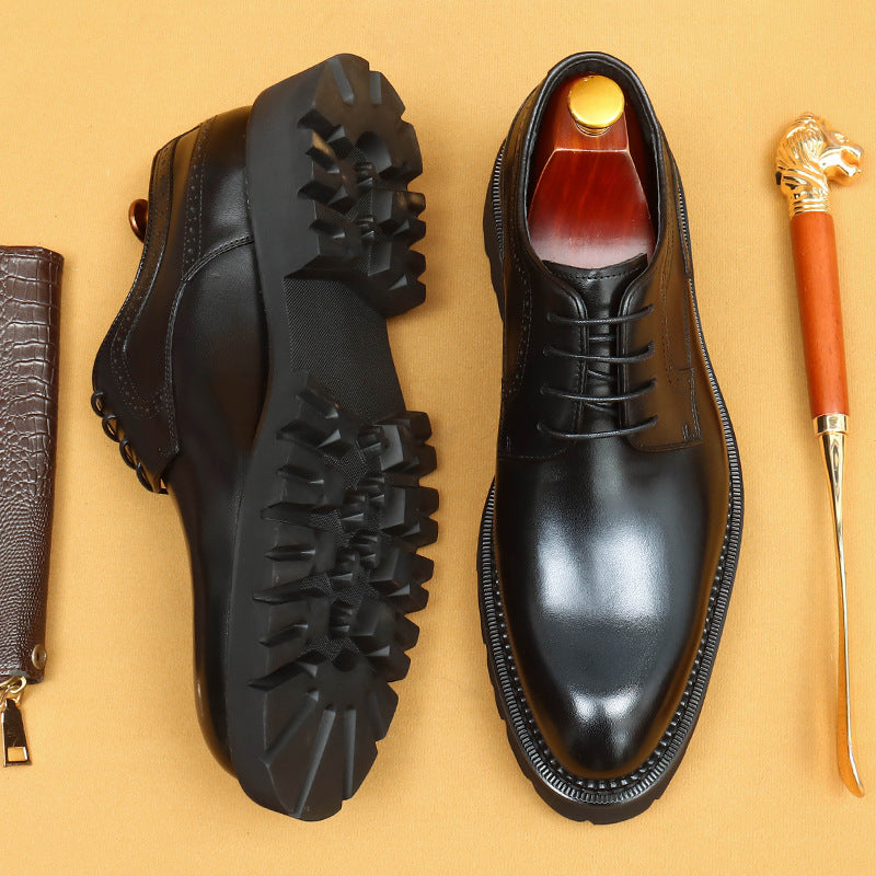 Top Layer Cowhide Men's Leather Shoes Black Business Leather Shoes Men's Leather Pointed Toe Platform Men's Hight Increasing Shoes British Casual Derby Shoes96158