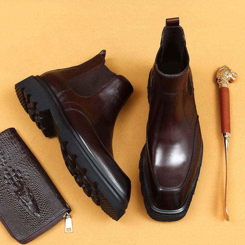 Top Layer Cowhide Men's Leather Shoes Winter Men's Boots Square Toe Leather Lining Cowhide Platform Business Casual Chelsea Boots86212