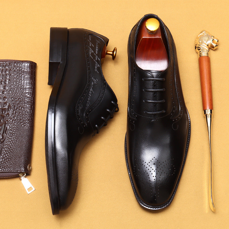 Pointed Toe Leather Shoes Men's Genuine Leather Hand-Rub Color Men's Shoes Business Formal Wear Pointed Toe Carving Brogue Oxford Shoes96110