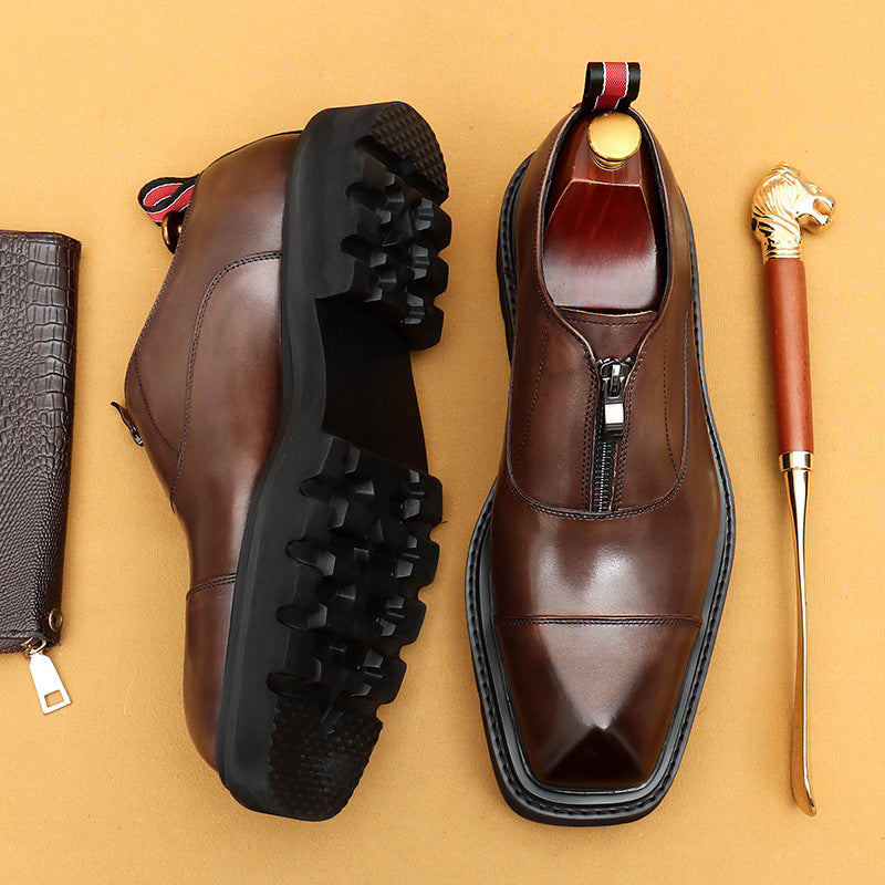 Top Layer Cowhide Men's Leather Shoes Men's Leather Shoes Business Formal Wear Cowhide Casual Shoes Square Toe Platform Zipper Elevator Shoes68901