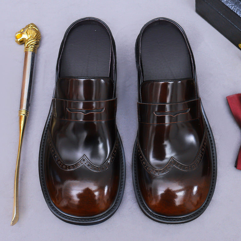 Large Round Toe Men's Shoes Flat Toe Men's British Business Casual Cowhide Genuine Leather Shoes Half Slip-on British Wide Foot Men's Shoes 23710