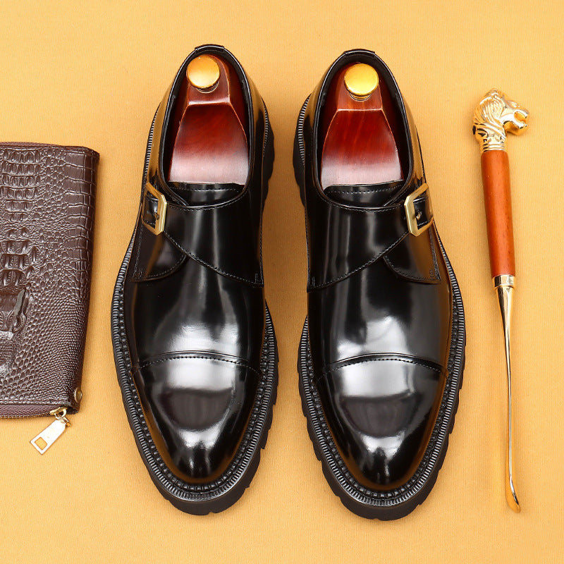 Top Layer Cowhide Men's Leather Shoes Hot Selling High-Grade Glossy Leather Shoes Men's Cowhide Inner Thick Bottom Monk Shoes96129