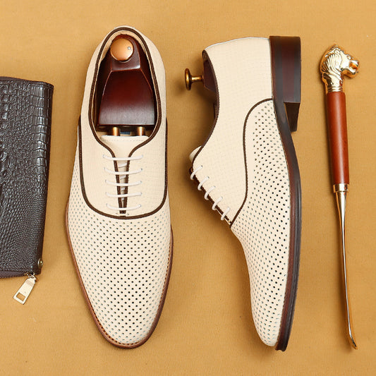 Chaussures en cuir creuses pour hommes, tenue de soirée britannique, affaires, cuir véritable, été, respirant, section pour hommes, chaussures Oxford décontractées pointues pour hommes21011