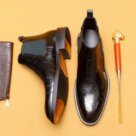 Chaussures en cuir de vachette pour hommes de première couche Bottines Chelsea Bottines de style anglais en cuir véritable pour hommes Bottines Martin montantes pointues sculptées pour tenues d'affaires formelles89613