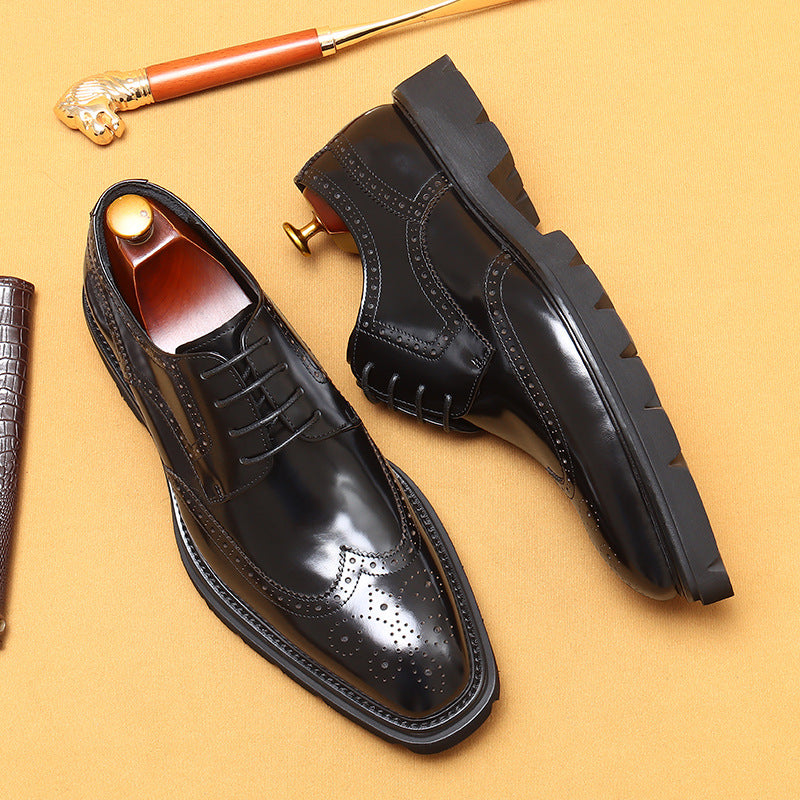 Top Layer Cowhide Business Casual Men's Shoes British Style Carving Brogue Square Toe Double Sole Formal Wear Shiny Leather Shoes96116