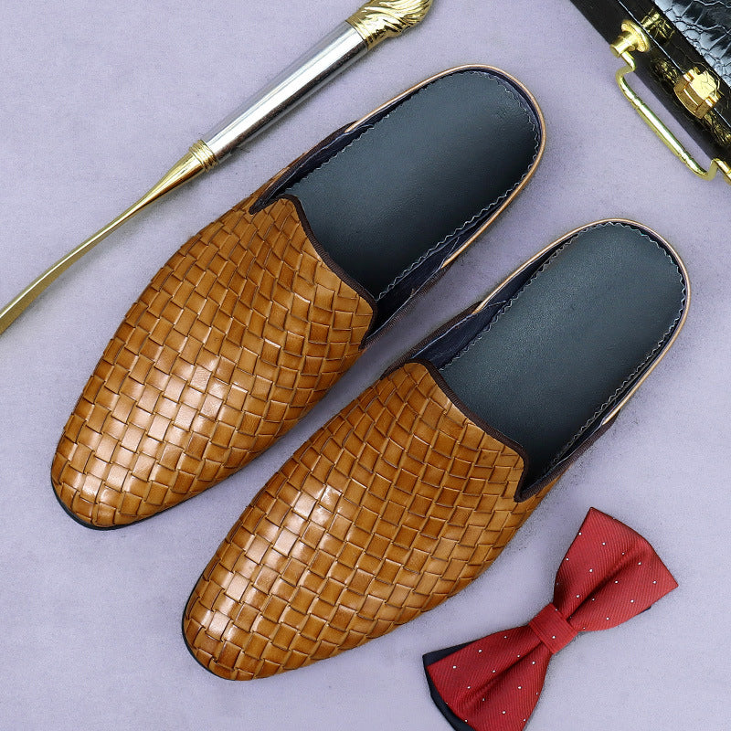 Genuine Leather Closed-Toe Half-Slip Shoes for Men, Summer Woven Leather Slip-On Shoes, Breathable Backless Shoes for Men 65162