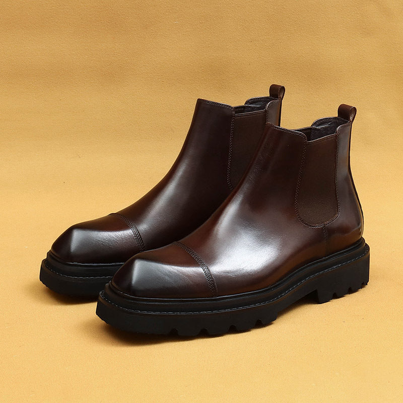 Top Layer Cowhide Men's Leather Shoes Winter Chelsea Boots Men's Ankle Boots Mid-Top British Authentic Leather Square Toe Thick Sole Increased by Cowhide Boots86217
