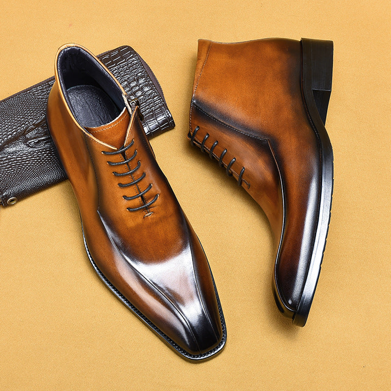 Top Layer Cowhide Men's Leather Shoes Genuine Leather Export Men's Boots Cowhide Brush Color Business Formal Wear High-Top Leather Shoes British Ankle Boots89309