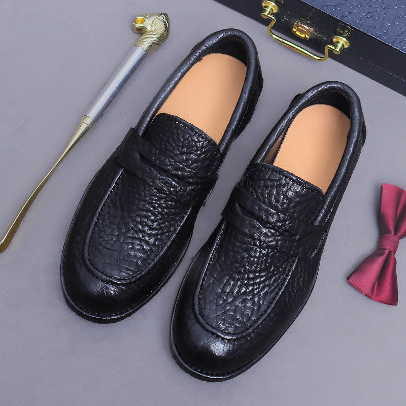 Men's Cowhide Leather Shoes with Lychee Pattern Embossing, Slip-On Leather Sole Loafers, Business Style Men's Shoes 1570-53