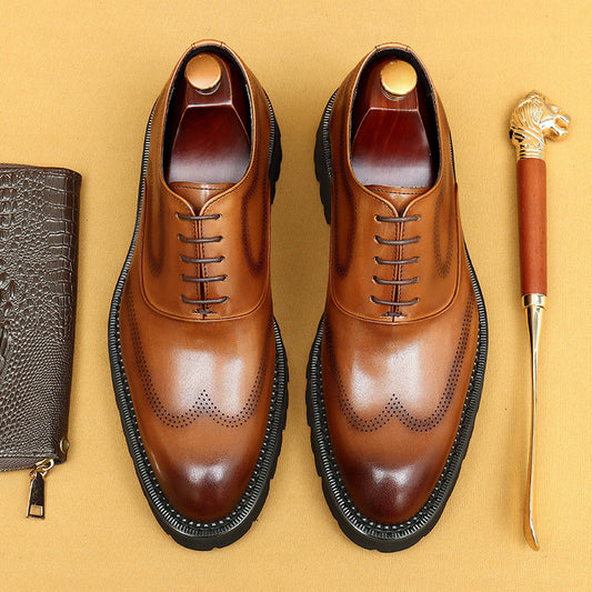 Top Layer Cowhide Men's Leather Shoes Men's Genuine Leather Formal Leather Shoes Business Casual Platform Increased by Brogue Wedding Shoes96127