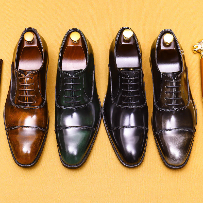 Chaussures en cuir de vachette de première couche pour hommes, vêtements de cérémonie pour hommes, chaussures Oxford pointues en cuir véritable, chaussures pour hommes en cuir verni brillant