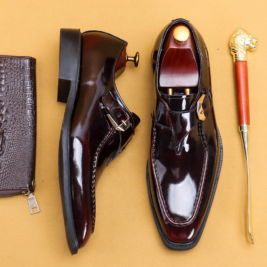 Chaussures pour hommes à bout carré, tenue de soirée, style britannique, chaussures à boucle, chaussures décontractées à enfiler en cuir verni brillant pour hommes68152