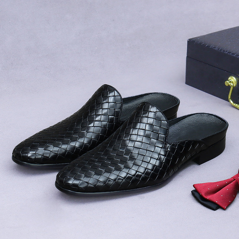 Genuine Leather Closed-Toe Half-Slip Shoes for Men, Summer Woven Leather Slip-On Shoes, Breathable Backless Shoes for Men 65162