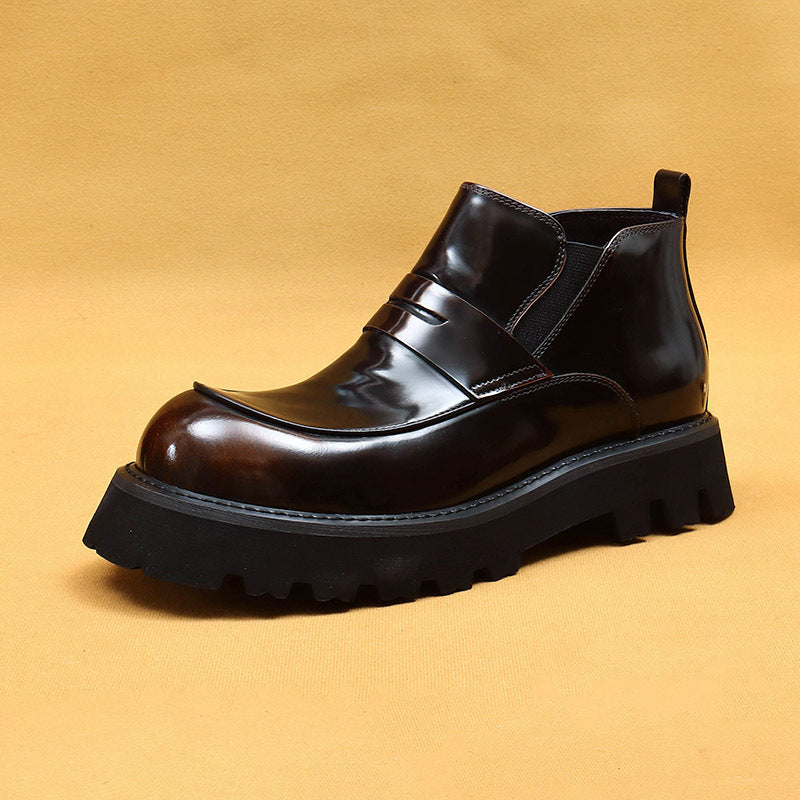 Chaussures en cuir de vachette de première couche pour hommes, chaussures à bout large, bottes pour hommes à gros pieds, bottes Chelsea à plateforme brillantes en cuir véritable doublées de polaire d'hiver 23699
