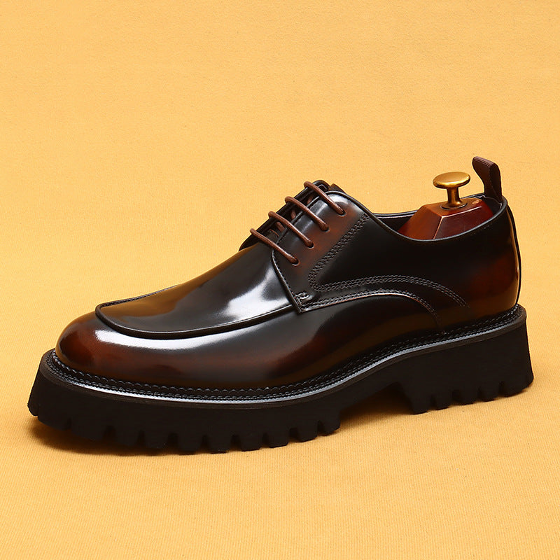 Top Layer Cowhide Men's Leather Shoes Thick Bottom Leather Shoes Men's round Head Bright Leather Business Casual Shoes Genuine Leather British Wind Shoes23675